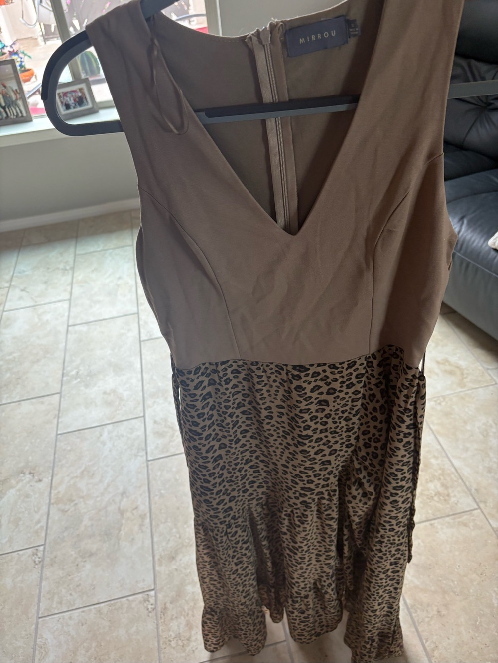 Brown V-Neck Midi Dress with Leopard Print Skirt